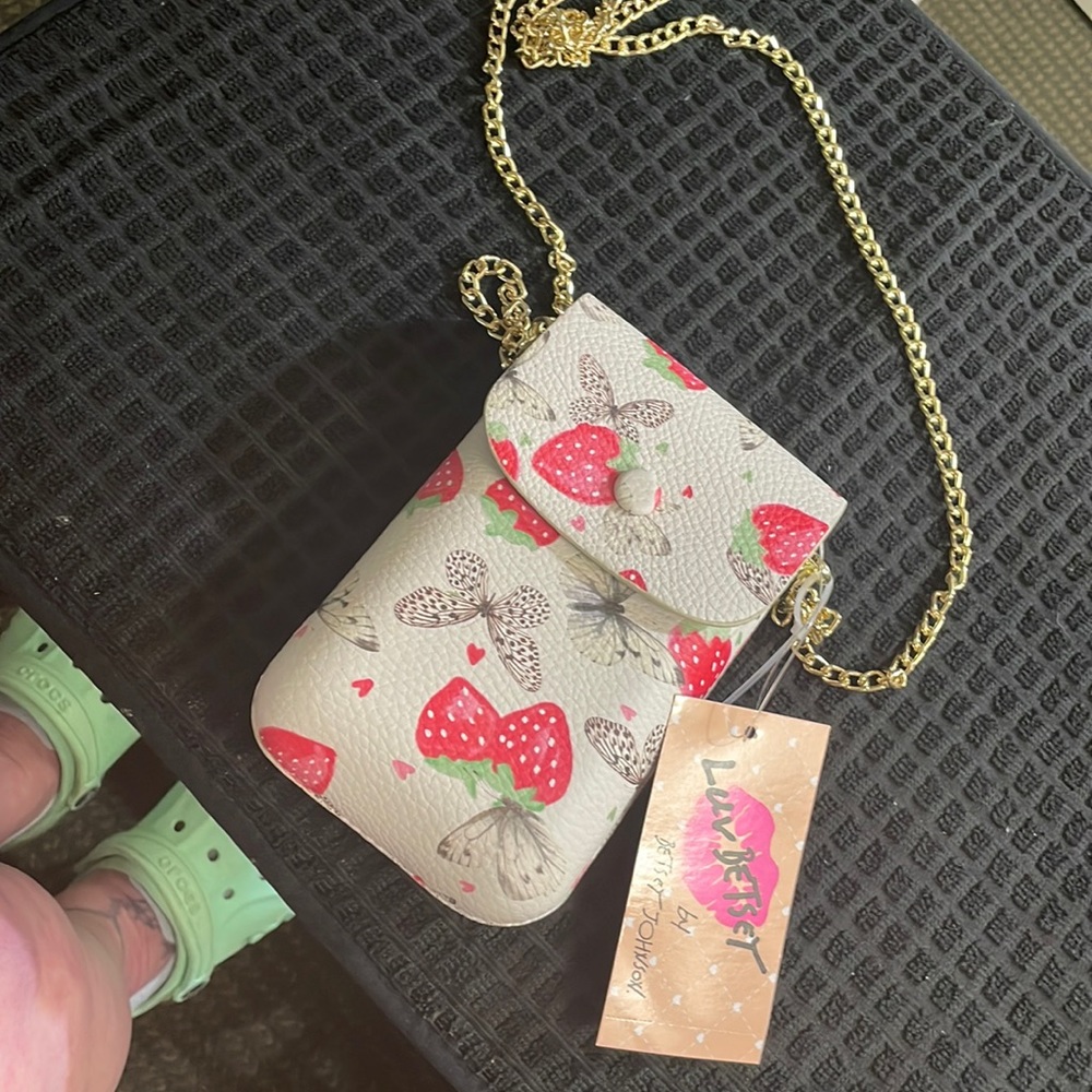 NWT Betsey Johnson White w/ Butterflies & Strawberries Phone Holder Crossbody